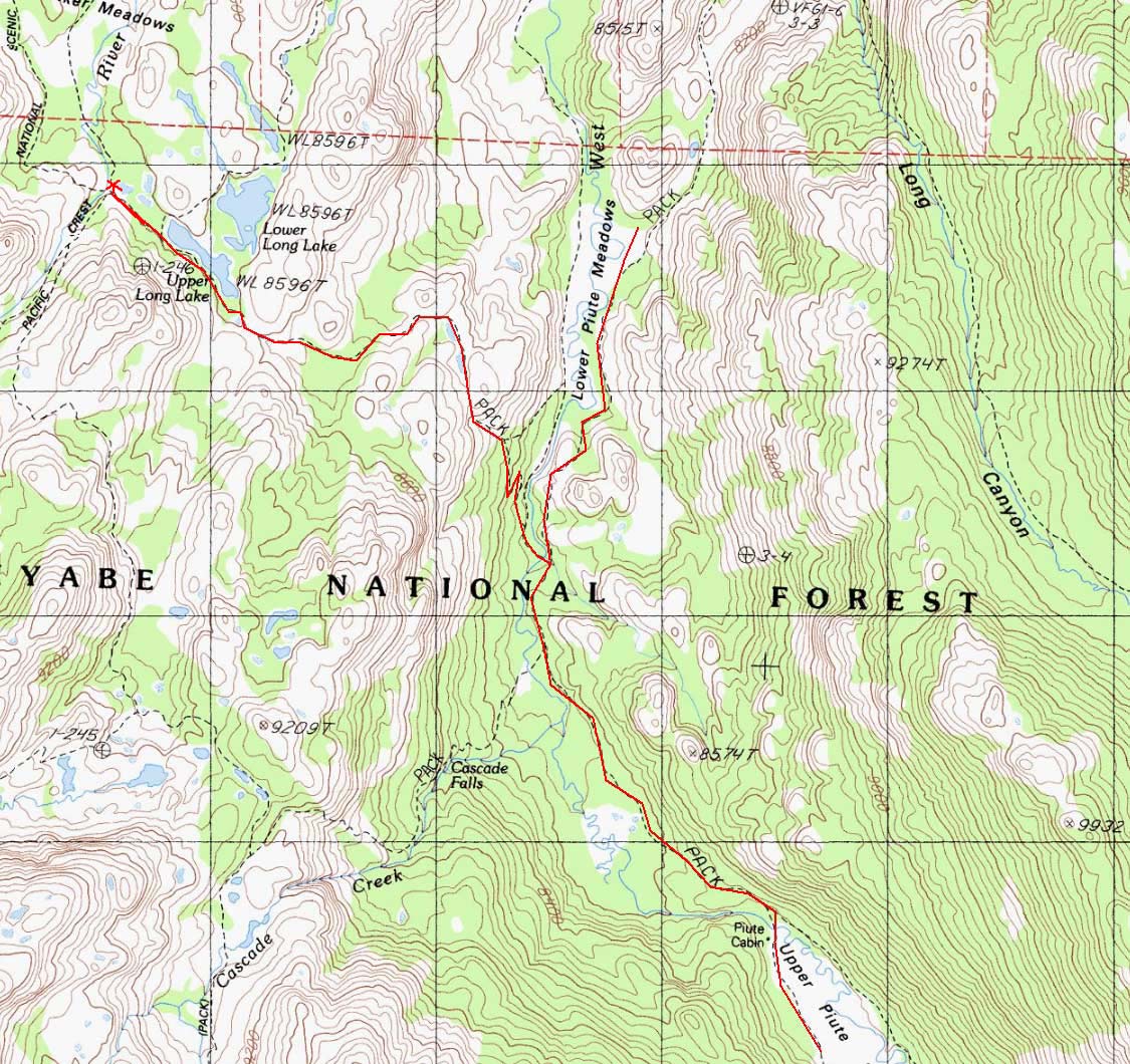 West Fork West Walker River Base Camp to Upper & Lower Piute Meadows Map