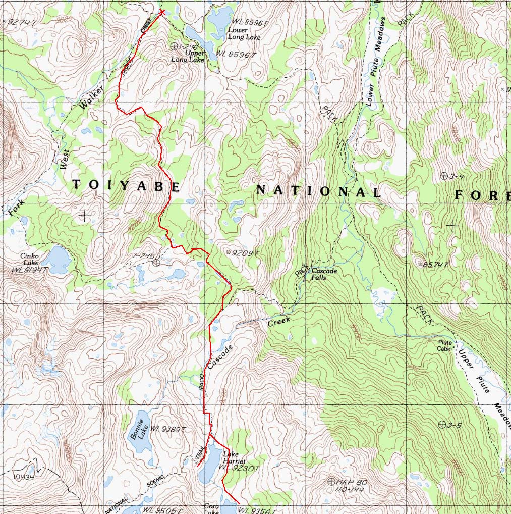 West Fork West Walker River Base Camp to Harriet & Cora Lakes map