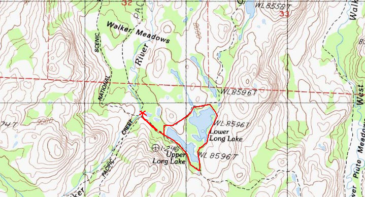 West Fork West Walker River Base Camp to Upper/Lower Long Lakes Map